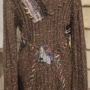 Elegant Brown Knit Dress with Colorful Details